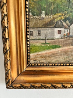 Cuadro al óleo vintage firmado que representa un paisaje con una casita de campo