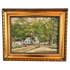 Cuadro al óleo vintage firmado que representa un paisaje con una casita de campo