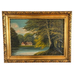 Cuadro al óleo vintage firmado que representa un paisaje del lago Cottage