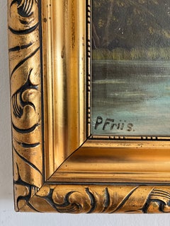 Cuadro al óleo vintage firmado que representa un paisaje del lago Cottage