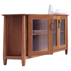 Mid-Century Modern Solid Wood Oak Storage Credenza Cabinet with, Brass & Glass