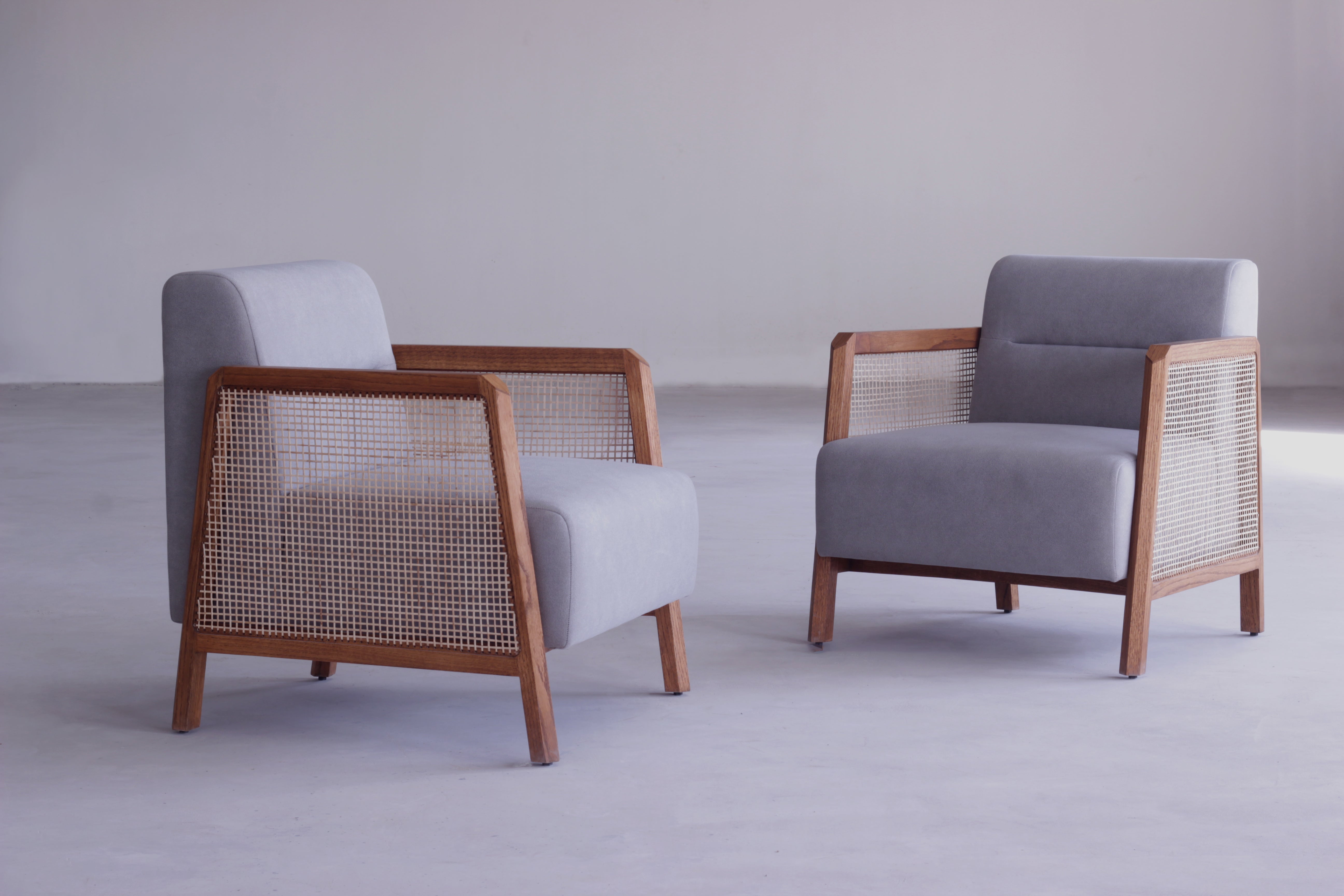 Set of 2 Minimal Modern Boho Handwoven Cane Solid Wood Lounge Armchairs in Oak For Sale
