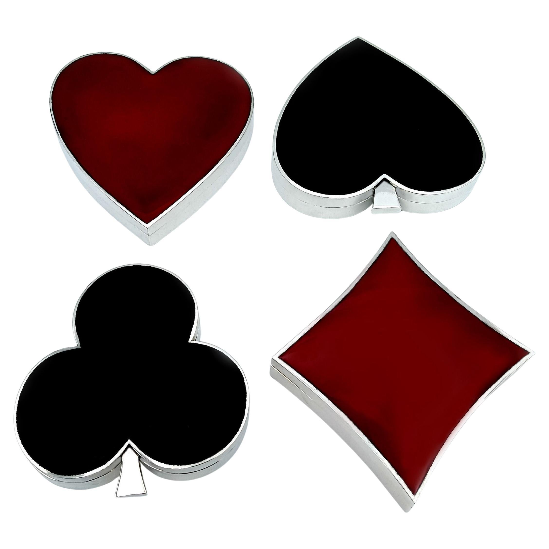 Playing card suit-shaped boxes Set of 4 fired enamel guilloché Salimbeni