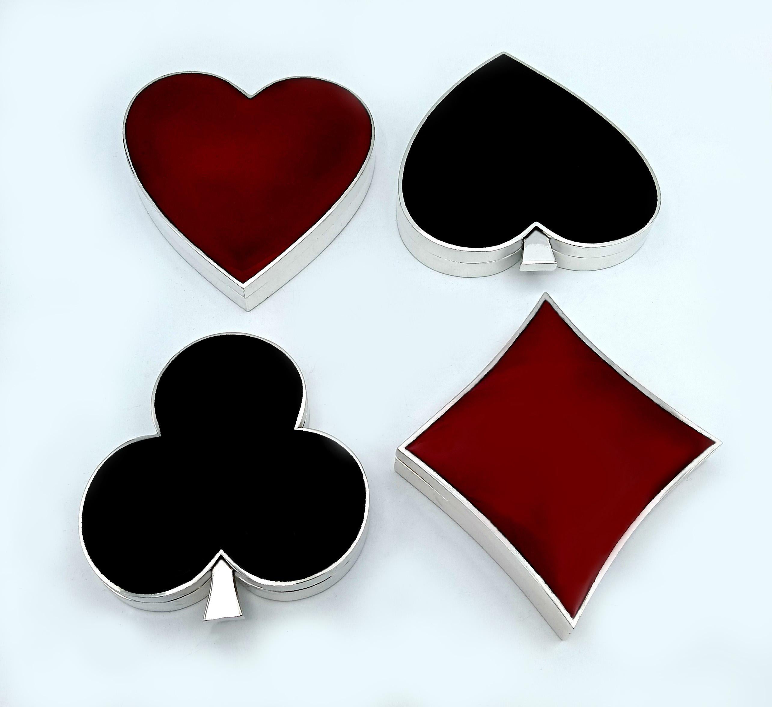 Playing card suit-shaped boxes Set of 4 fired enamel guilloché Salimbeni For Sale 1