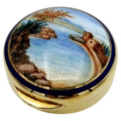 Pillbox round fire enamel hand painted landscape miniature Salimbeni