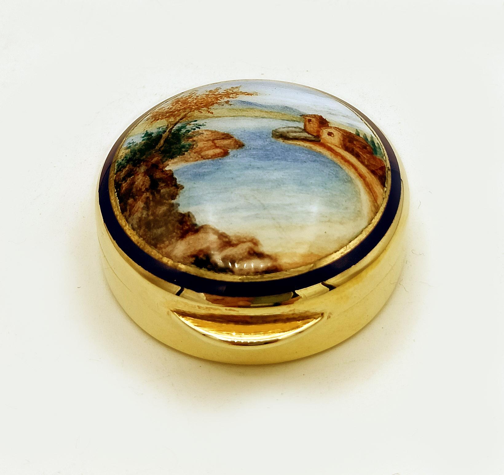 Late 20th Century Pillbox round fire enamel hand painted landscape miniature Salimbeni For Sale