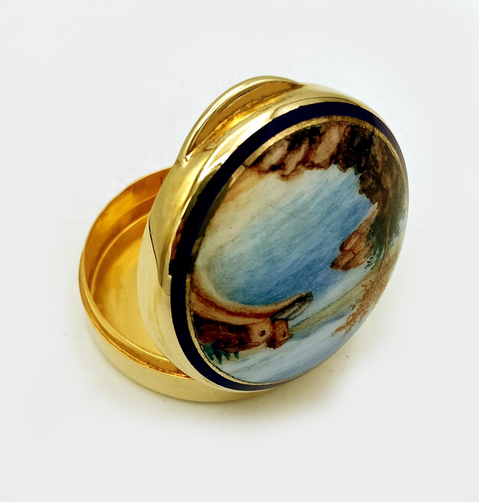 Art Nouveau Pillbox round fire enamel hand painted landscape miniature Salimbeni For Sale
