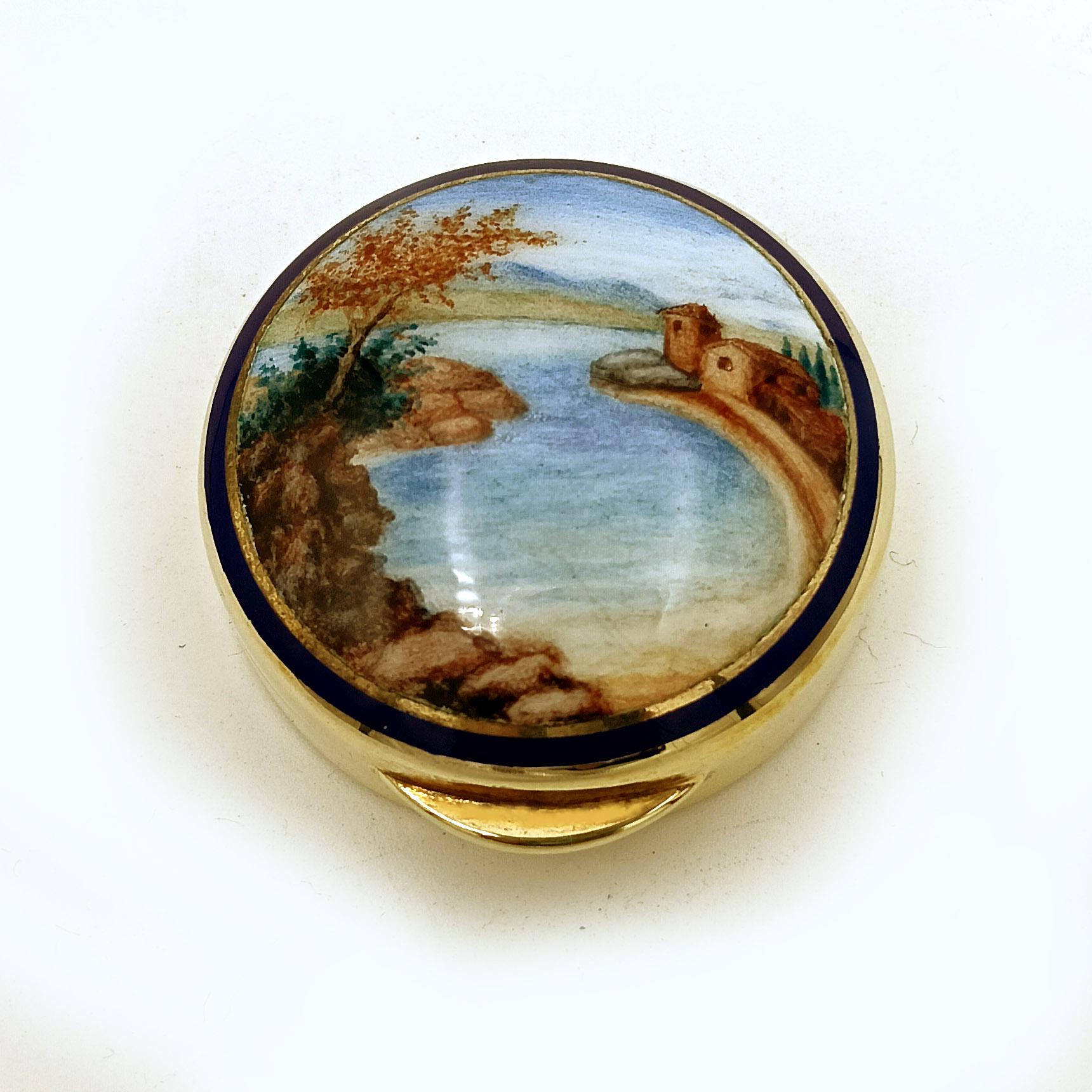 Hand-Carved Pillbox round fire enamel hand painted landscape miniature Salimbeni For Sale