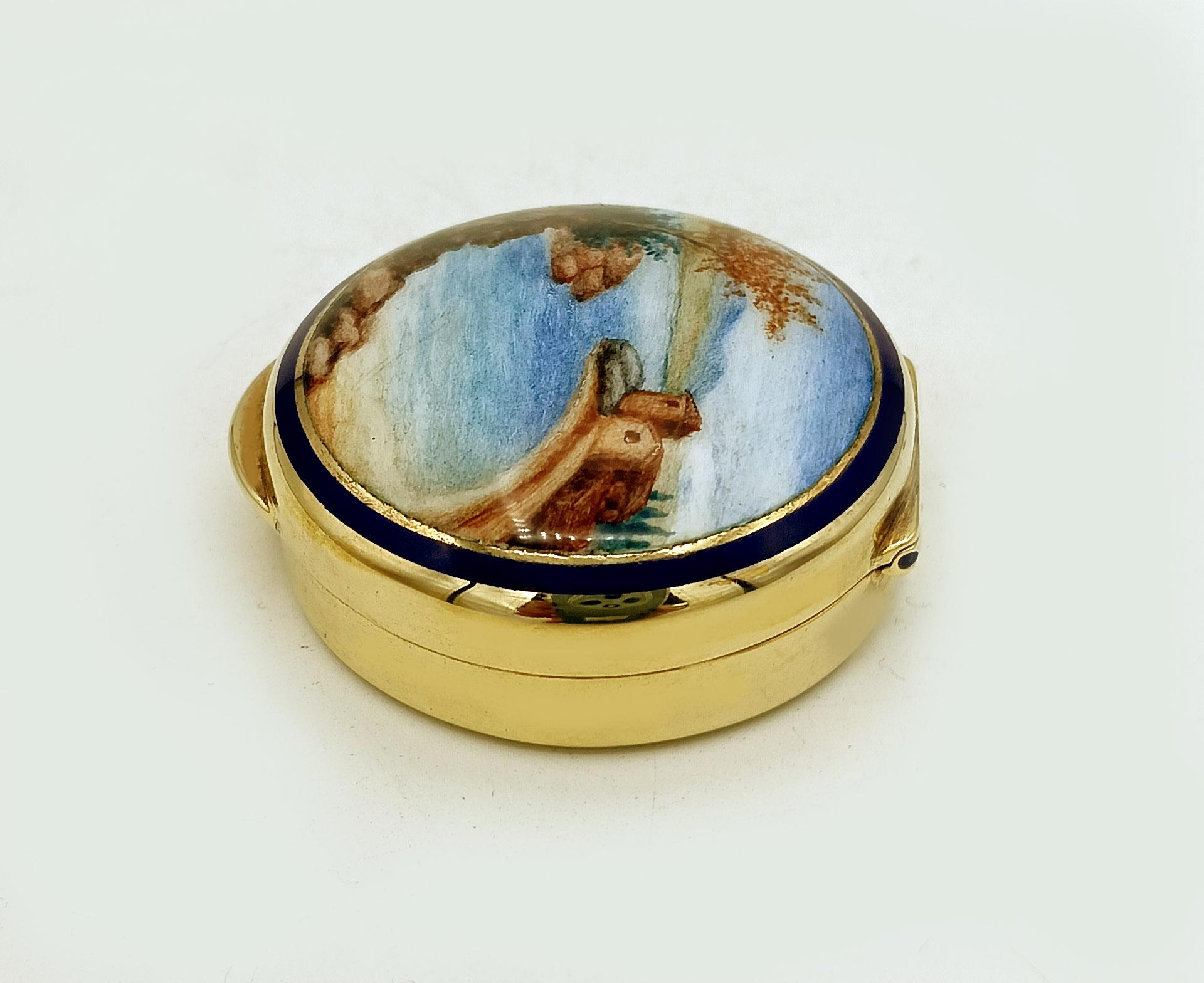 Gold Plate Pillbox round fire enamel hand painted landscape miniature Salimbeni For Sale