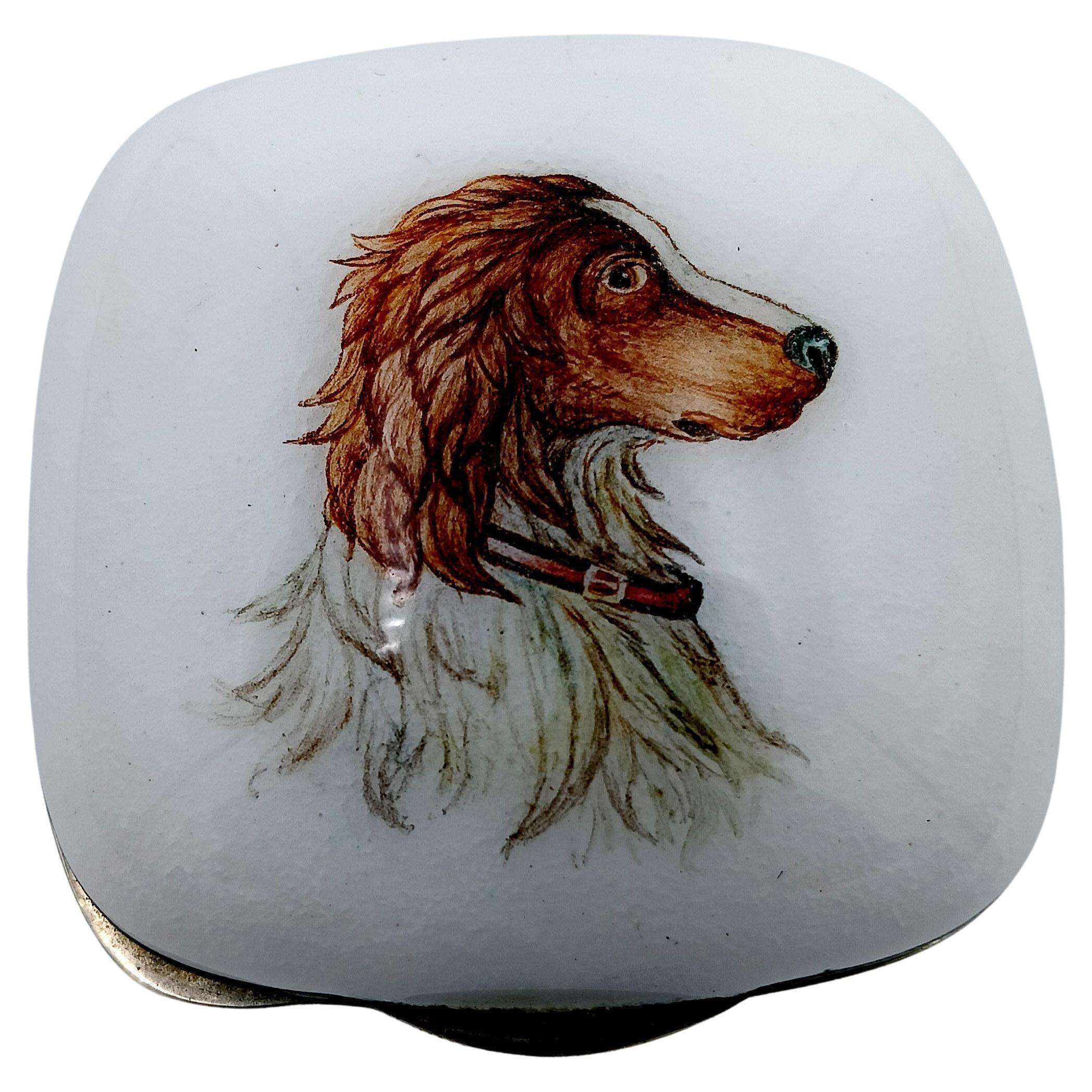 Pillbox white fire enamel hand painted dog's head miniature Salimbeni