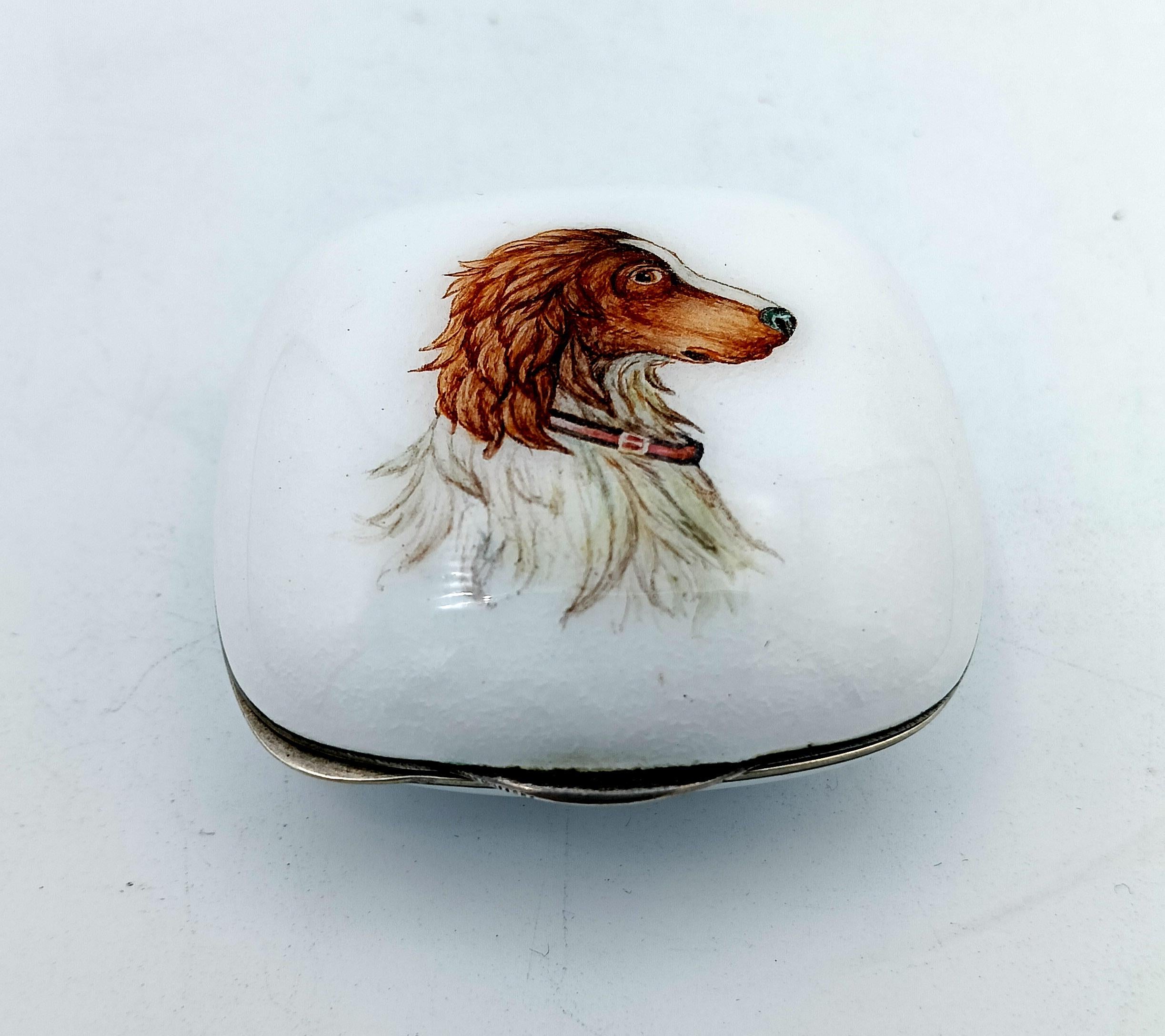 Art Nouveau Pillbox white fire enamel hand painted dog's head miniature Salimbeni For Sale