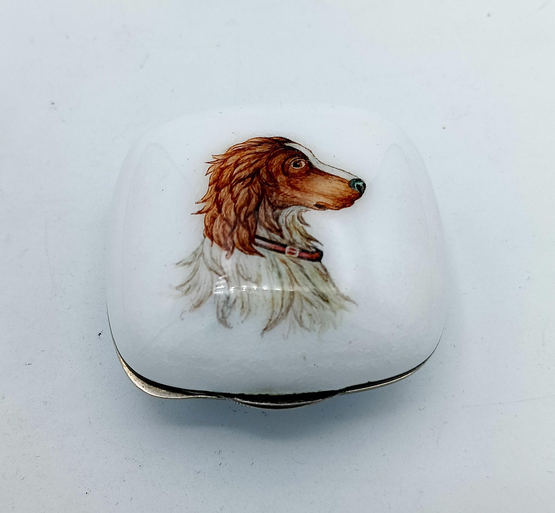Italian Pillbox white fire enamel hand painted dog's head miniature Salimbeni For Sale