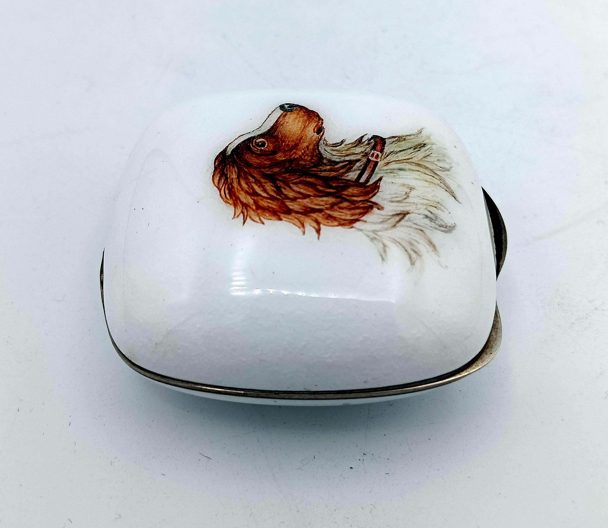 Hand-Carved Pillbox white fire enamel hand painted dog's head miniature Salimbeni For Sale