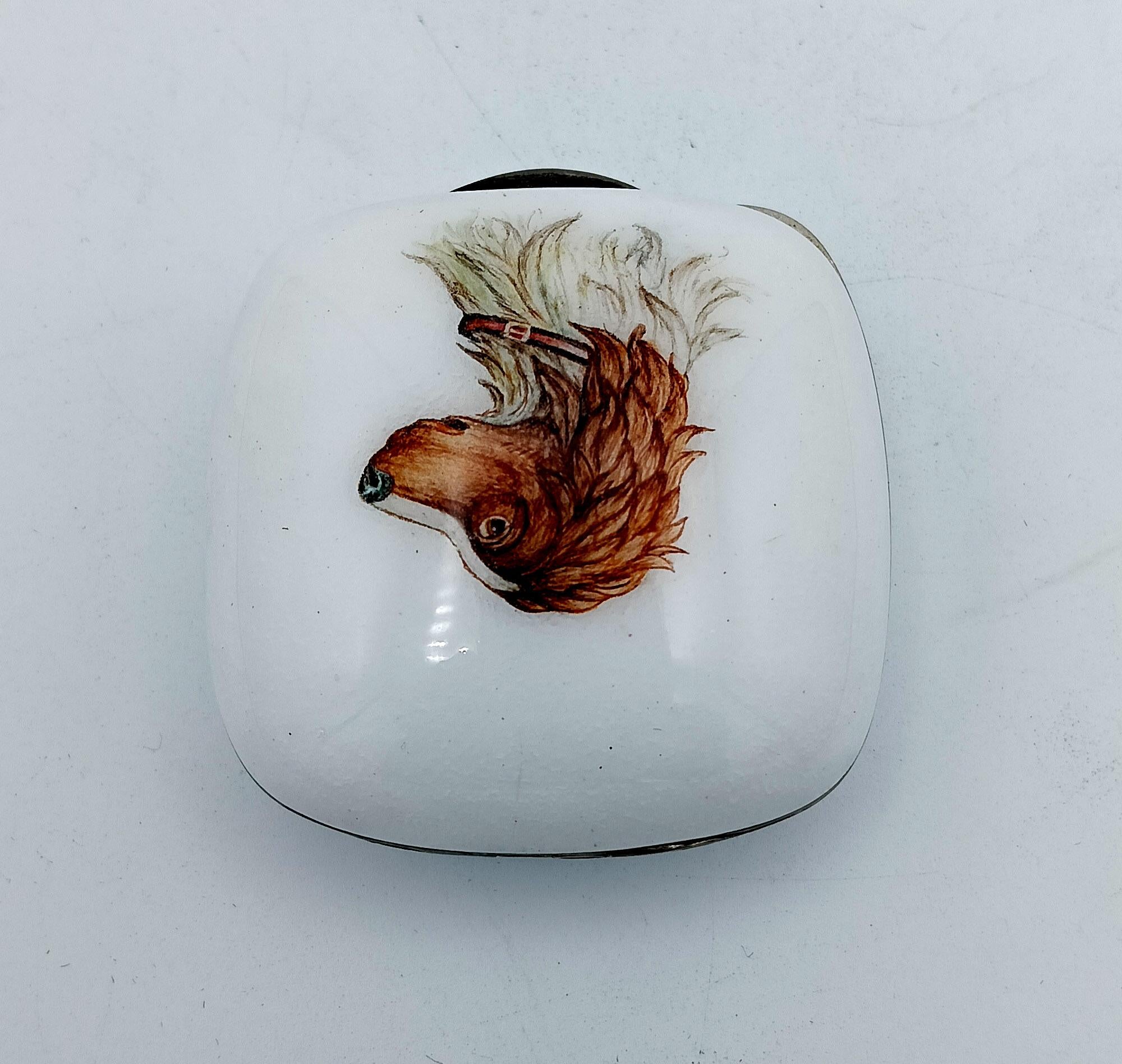 Mid-20th Century Pillbox white fire enamel hand painted dog's head miniature Salimbeni For Sale