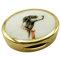 Pillbox hand painted greyhound dog head on white background Salimbeni