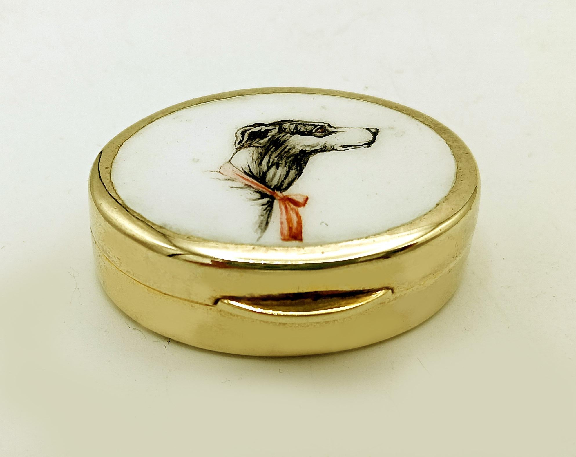 Art Nouveau Pillbox hand painted greyhound dog head on white background Salimbeni For Sale