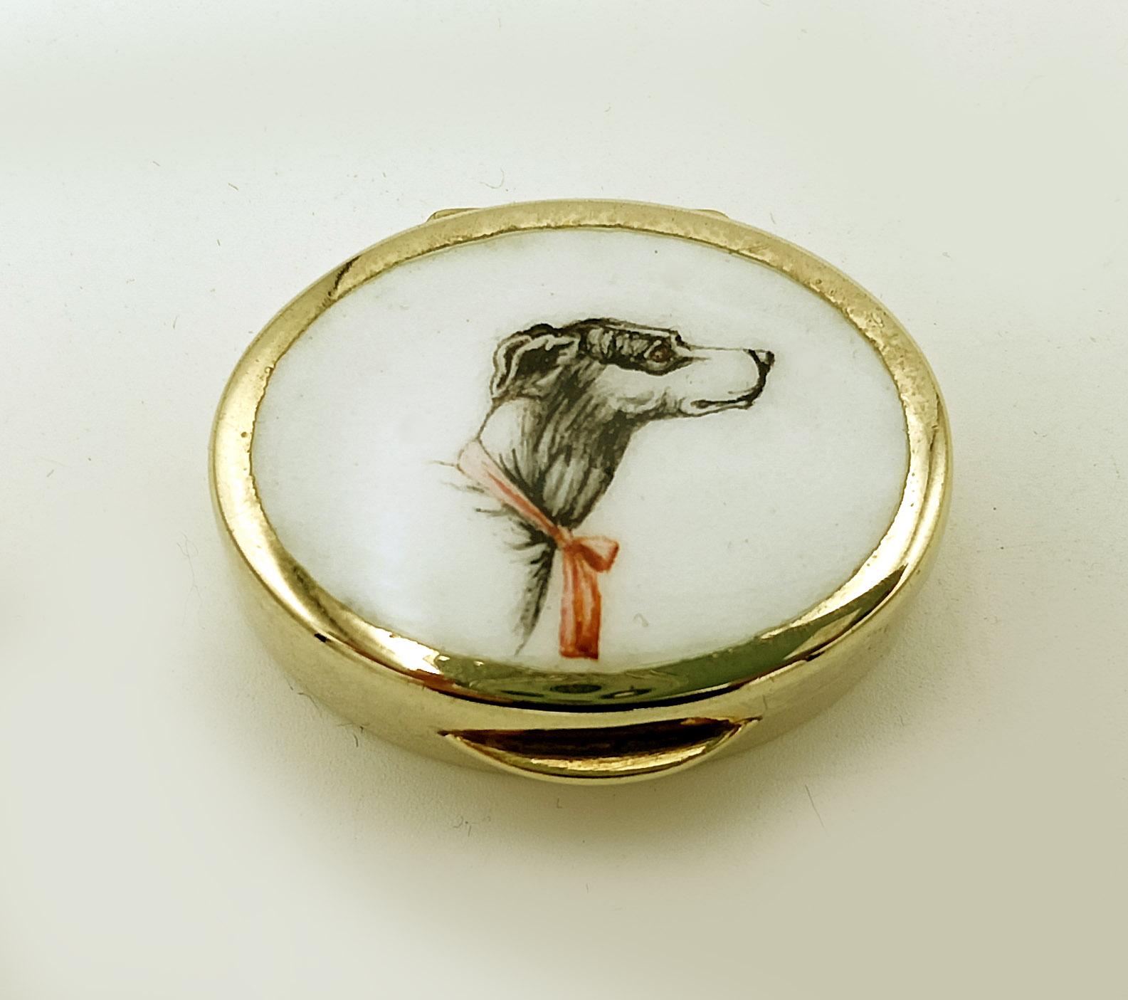 Hand-Carved Pillbox hand painted greyhound dog head on white background Salimbeni For Sale