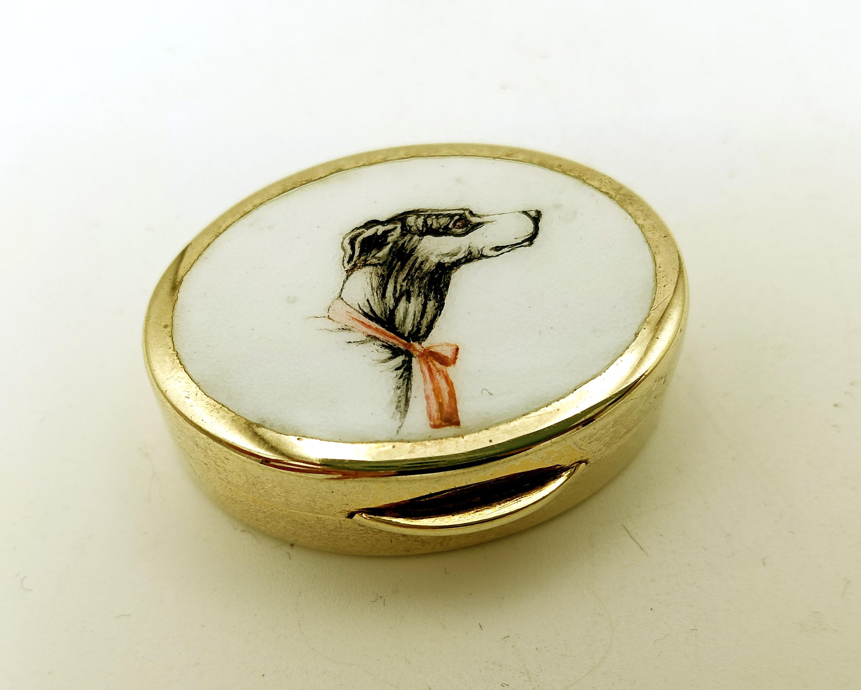 Italian Pillbox hand painted greyhound dog head on white background Salimbeni For Sale