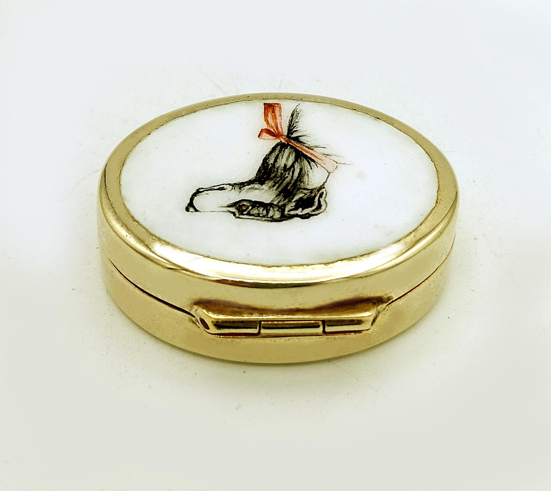 Late 20th Century Pillbox hand painted greyhound dog head on white background Salimbeni For Sale