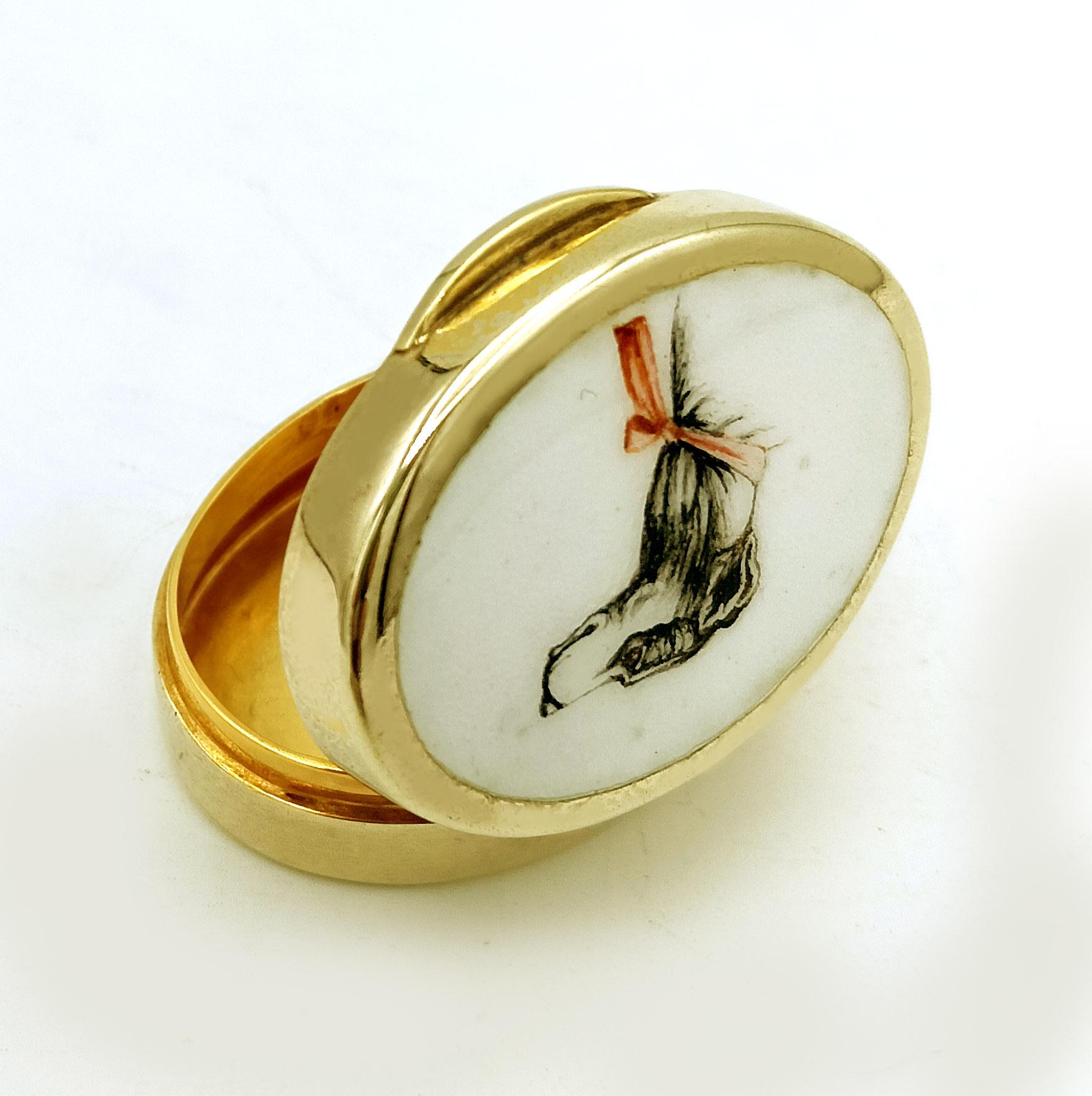 Gold Plate Pillbox hand painted greyhound dog head on white background Salimbeni For Sale