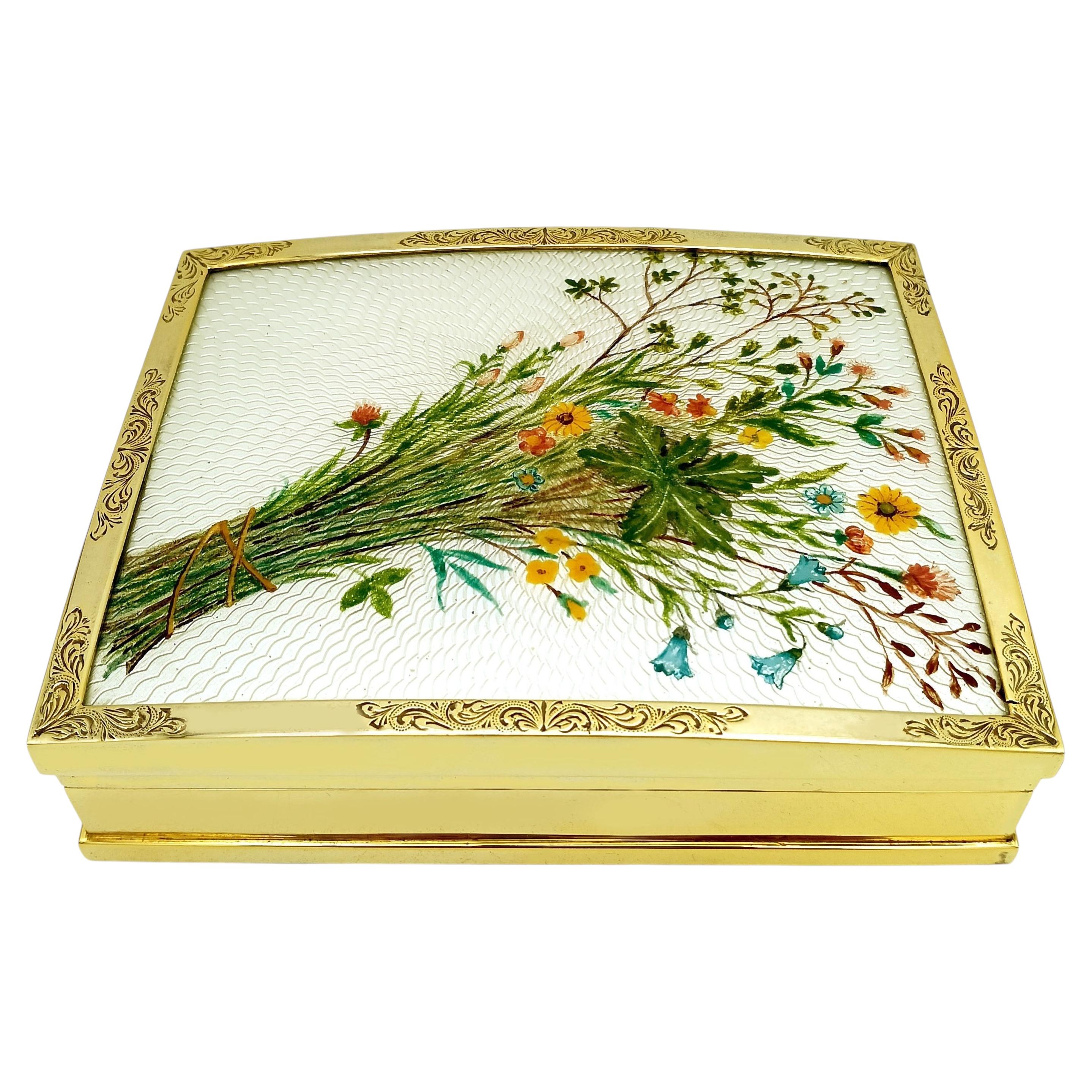 Rectangular white enamel table box with a hand-painted bouquet of flowers by Salimbeni