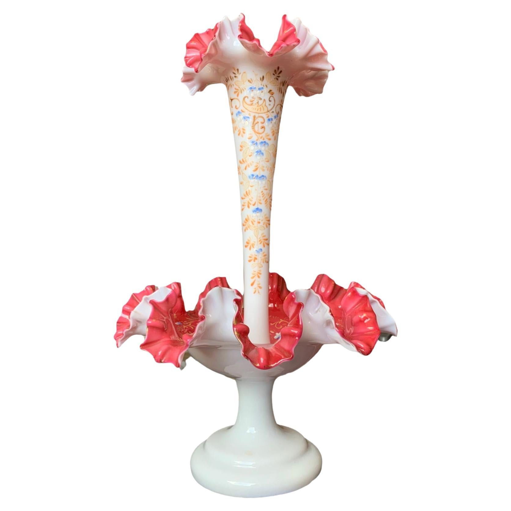 Large Antique French Pink Opaline Glass Epergne Centerpiece For Sale