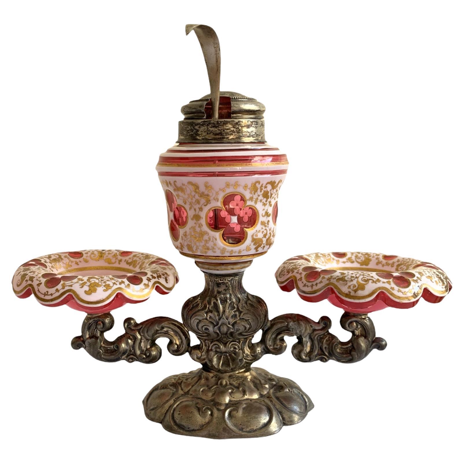19th Century Bohemian Cranberry Overlay Glass Silver Plate Cruet Set, Ménage For Sale