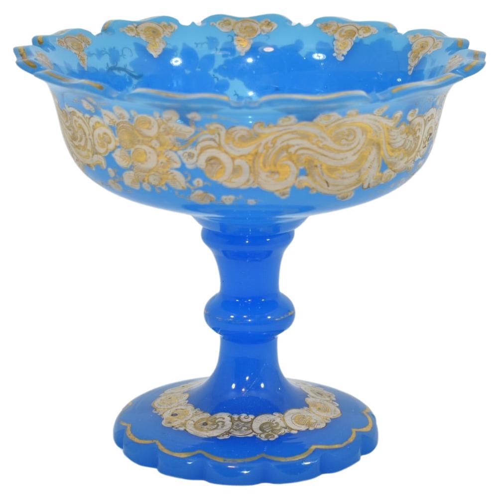 Blue alabaster opal glass, fine quality of the 19th century glass manufacture, profuse hand-painted with rich and impressive gilded enamel decoration, the base has gilded scalloped edges and is decorated with delicate gilded enamel forming a border