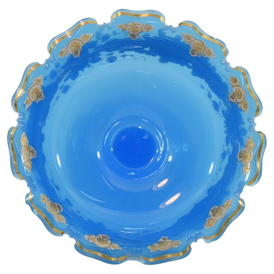 European Antique Blue Opaline Enameled Glass Tazza Bowl, 19th Century For Sale