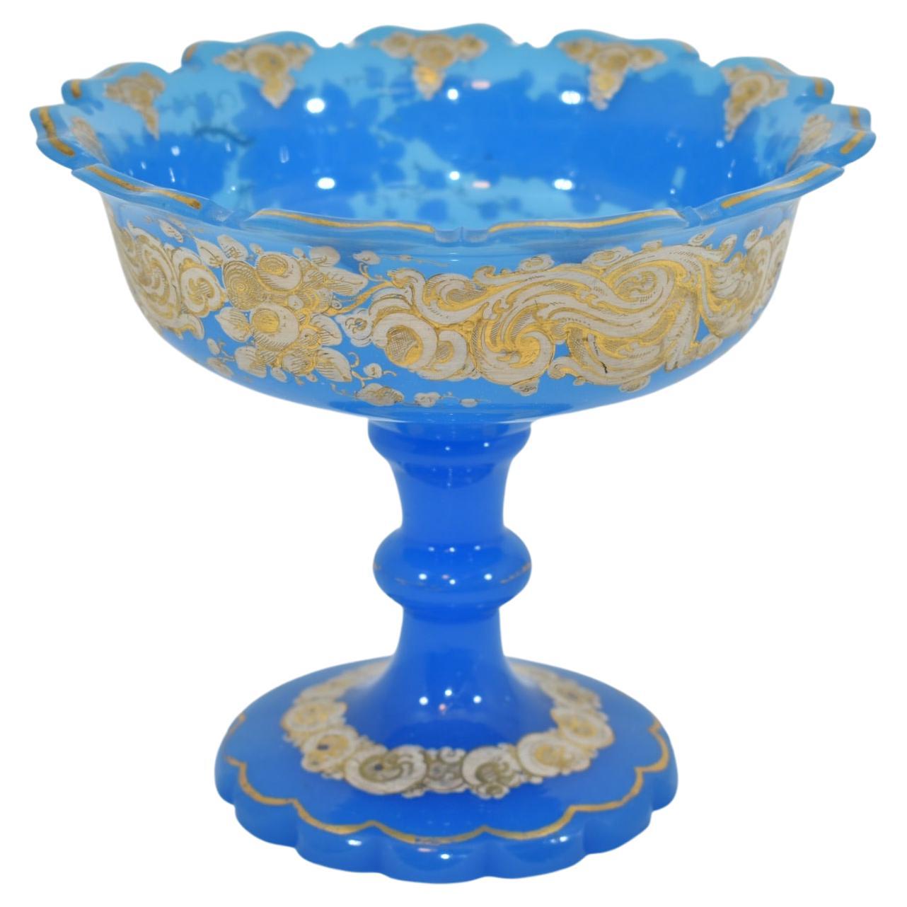 Antique Blue Opaline Enameled Glass Tazza Bowl, 19th Century For Sale