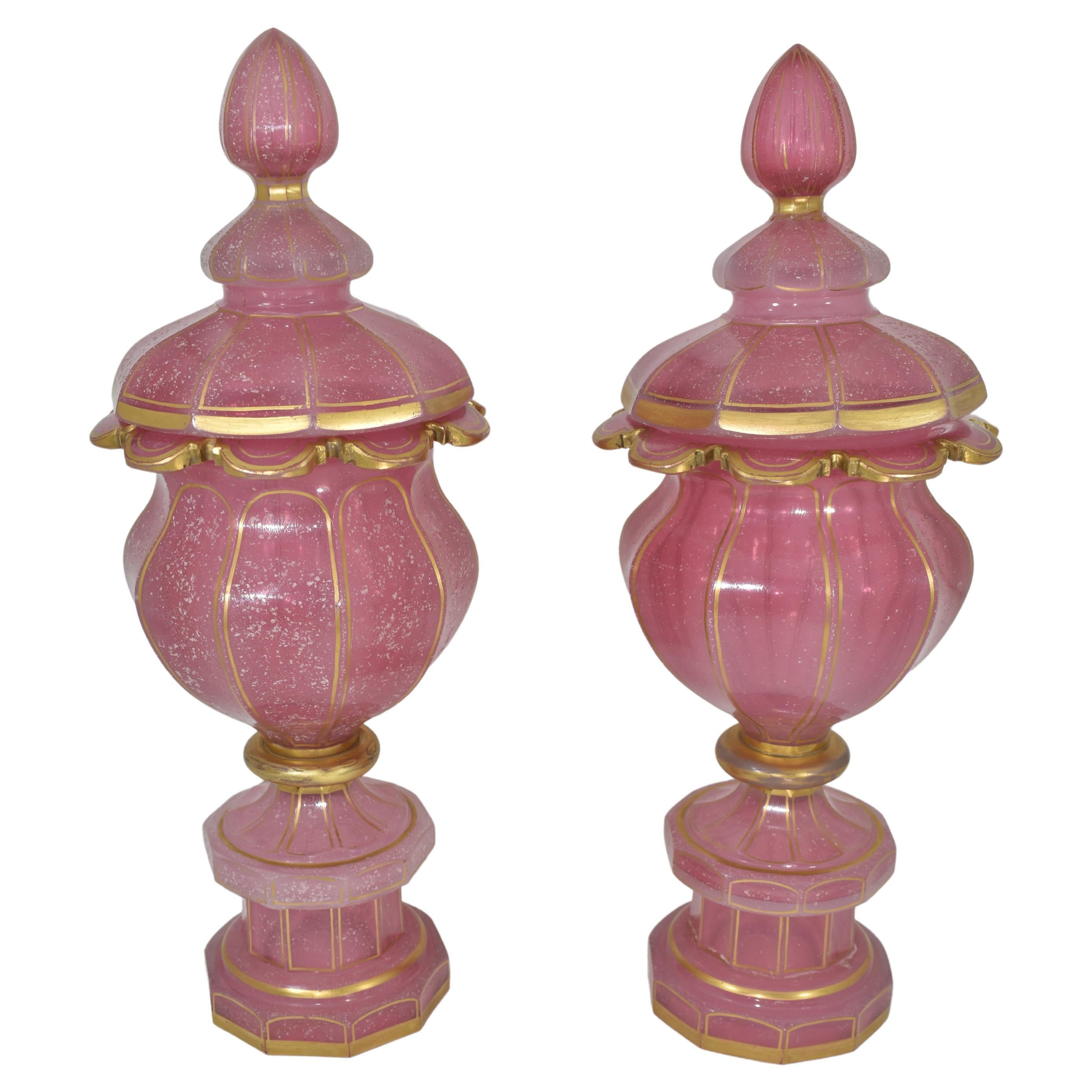 Charles X Pair of Antique Bohemian Gilded Pink Opaline Glass Goblets, 19th Century For Sale