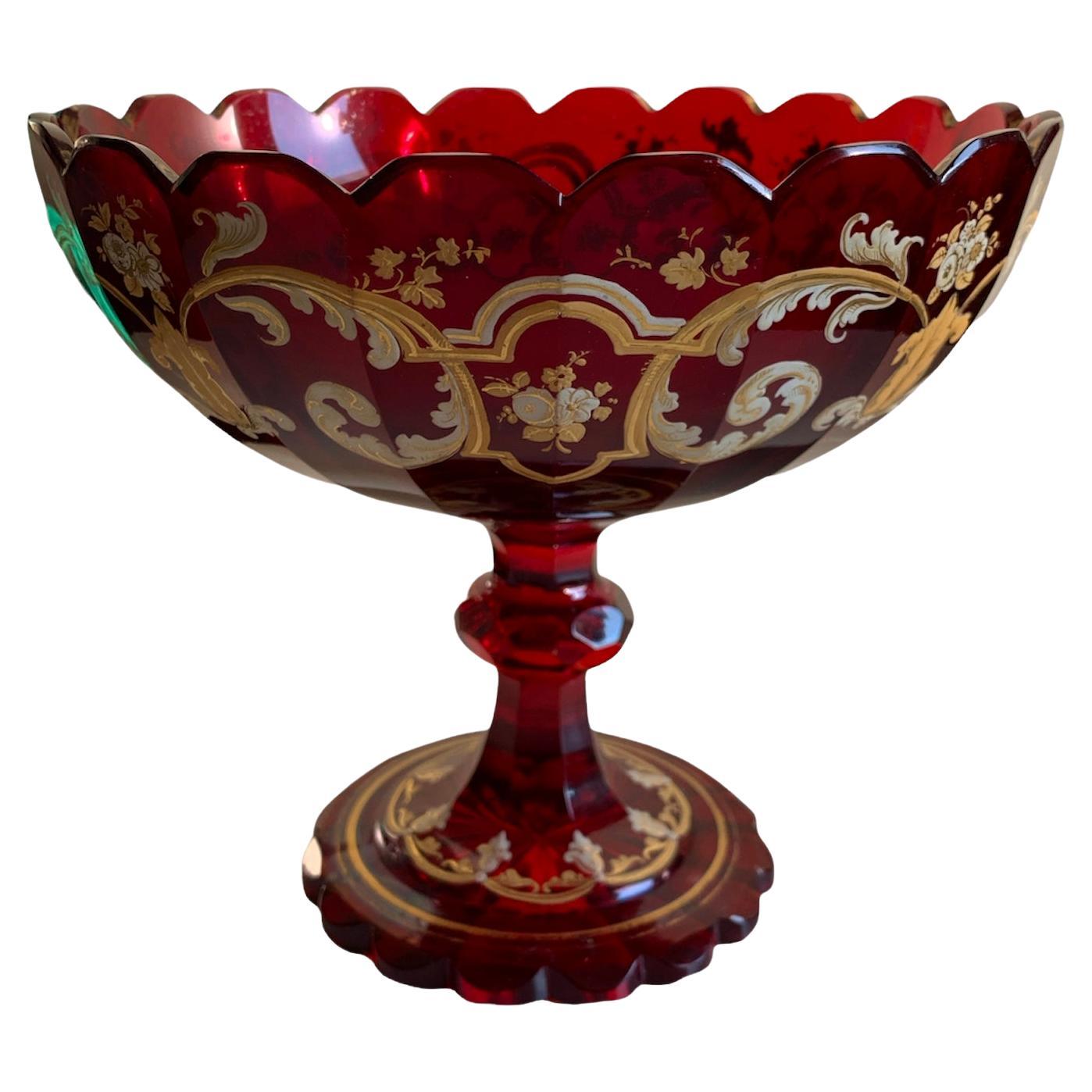 Antique Bohemian Ruby Red Enameled Glass Tazza Bowl, 19th Century