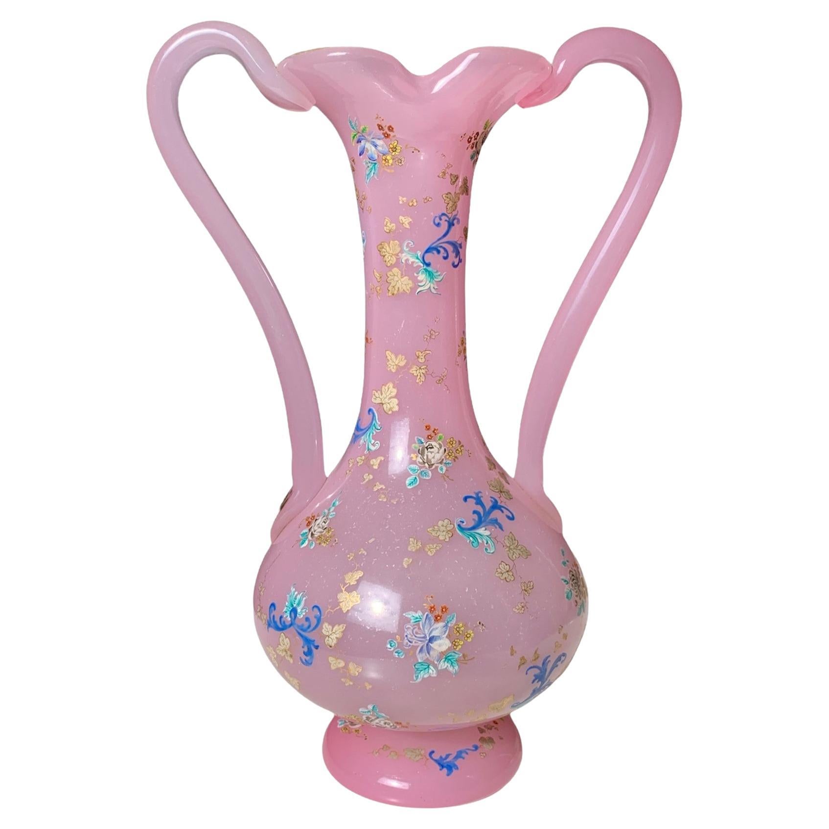 Vase En Verre Opalin émaillé Portrait De Dame - Années 50, Bon état Avec Traces Du Temps
