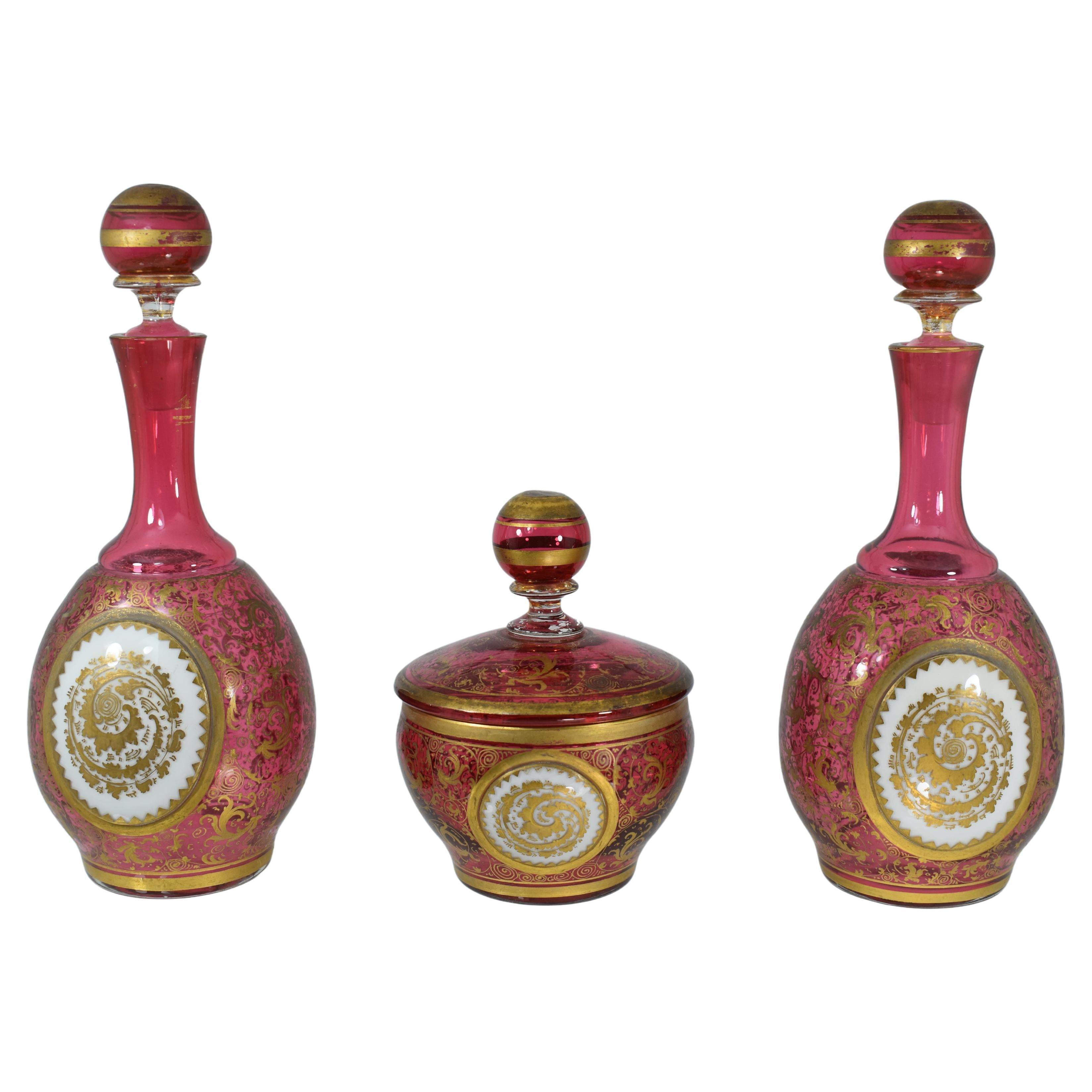 Antique Bohemian Cranberry Overlay Glass Vanity Set, Moser, 19th Century For Sale