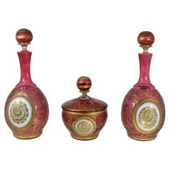 Used Bohemian Cranberry Overlay Glass Vanity Set, Moser, 19th Century
