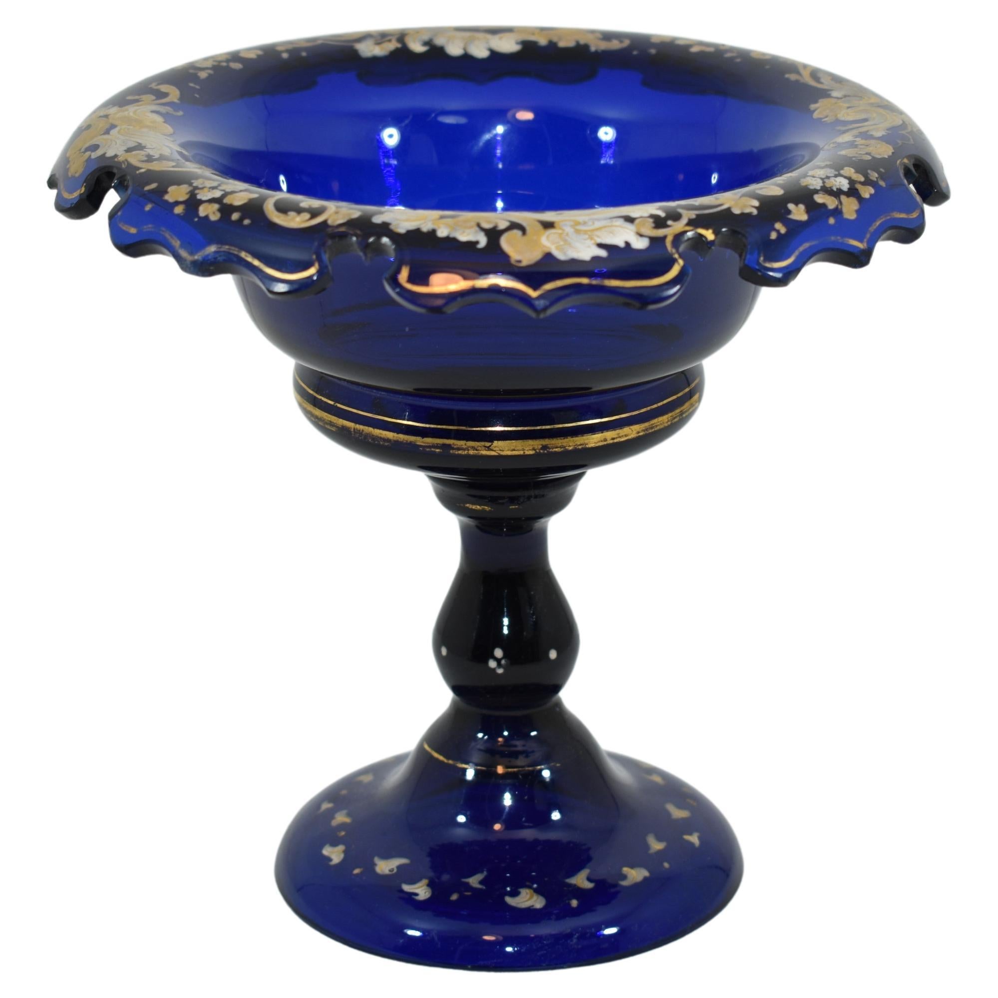 Antique Cobalt Blue Enameled Glass Tazza Bowl, 19th Century For Sale