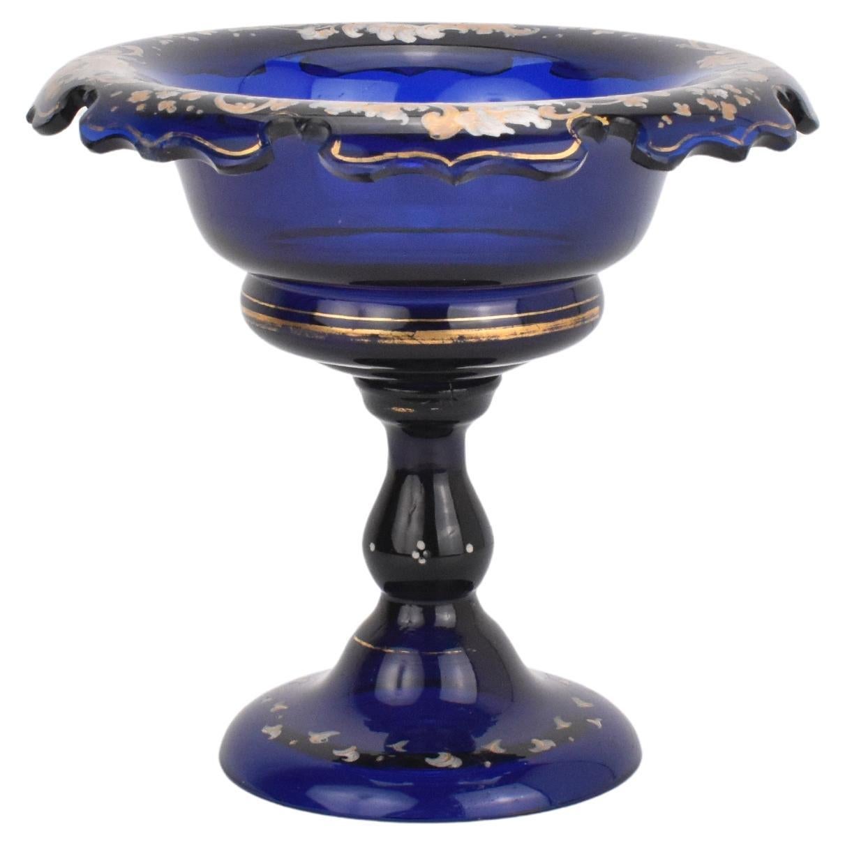 Antiguo cuenco de cristal esmaltado azul cobalto Tazza, Siglo XIX