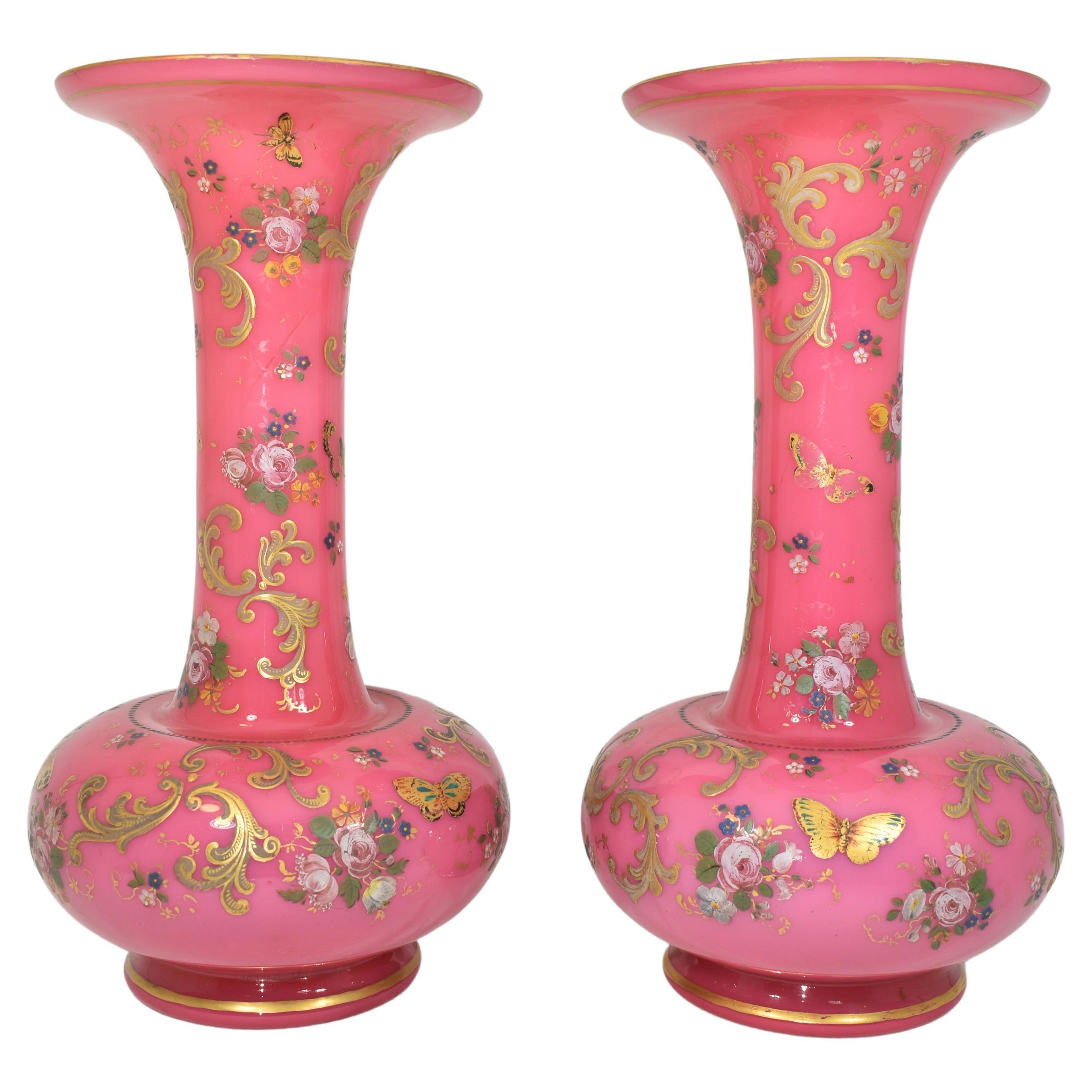 Antique Pair of Pink Opaline Enamelled Galss Vases, 19th Century For Sale
