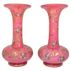 Antica coppia di vasi in galss smaltati opalini rosa, XIX secolo
