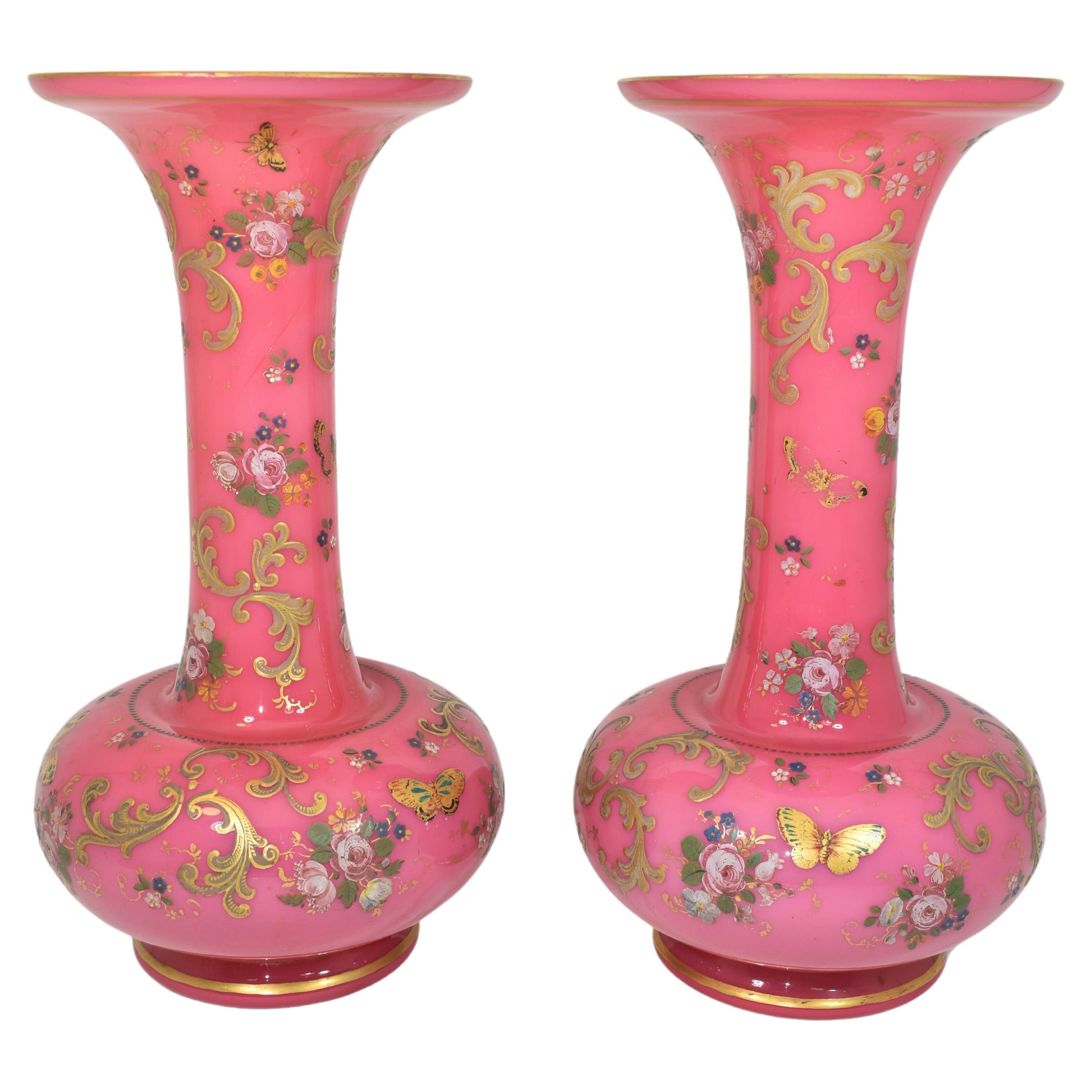 Européen Paire de vases anciens en acier inoxydable émaillé d'opaline rose, 19ème siècle en vente
