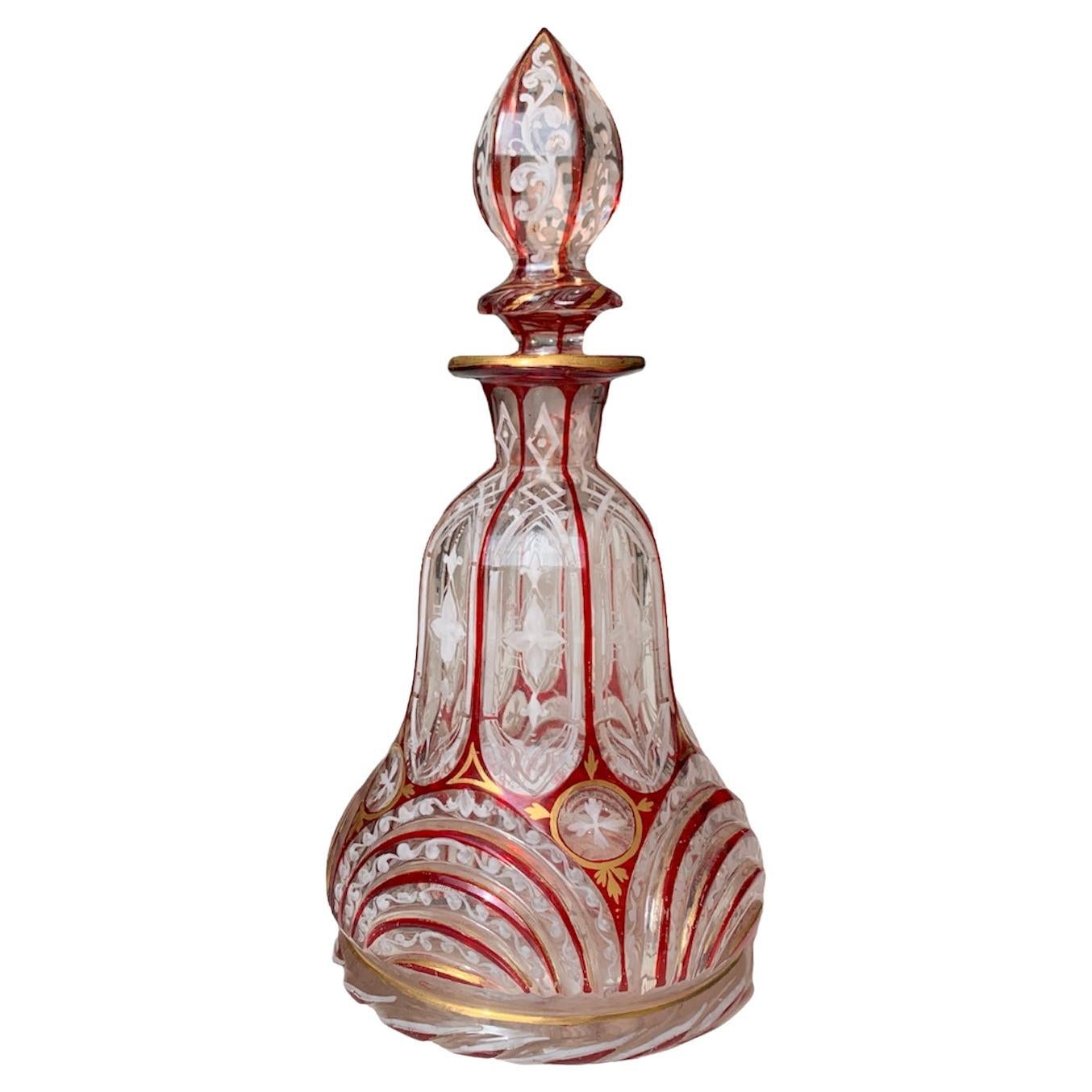 Antique Bohemian Ruby Red Enameled Glass Perfume Bottle, 19th Century