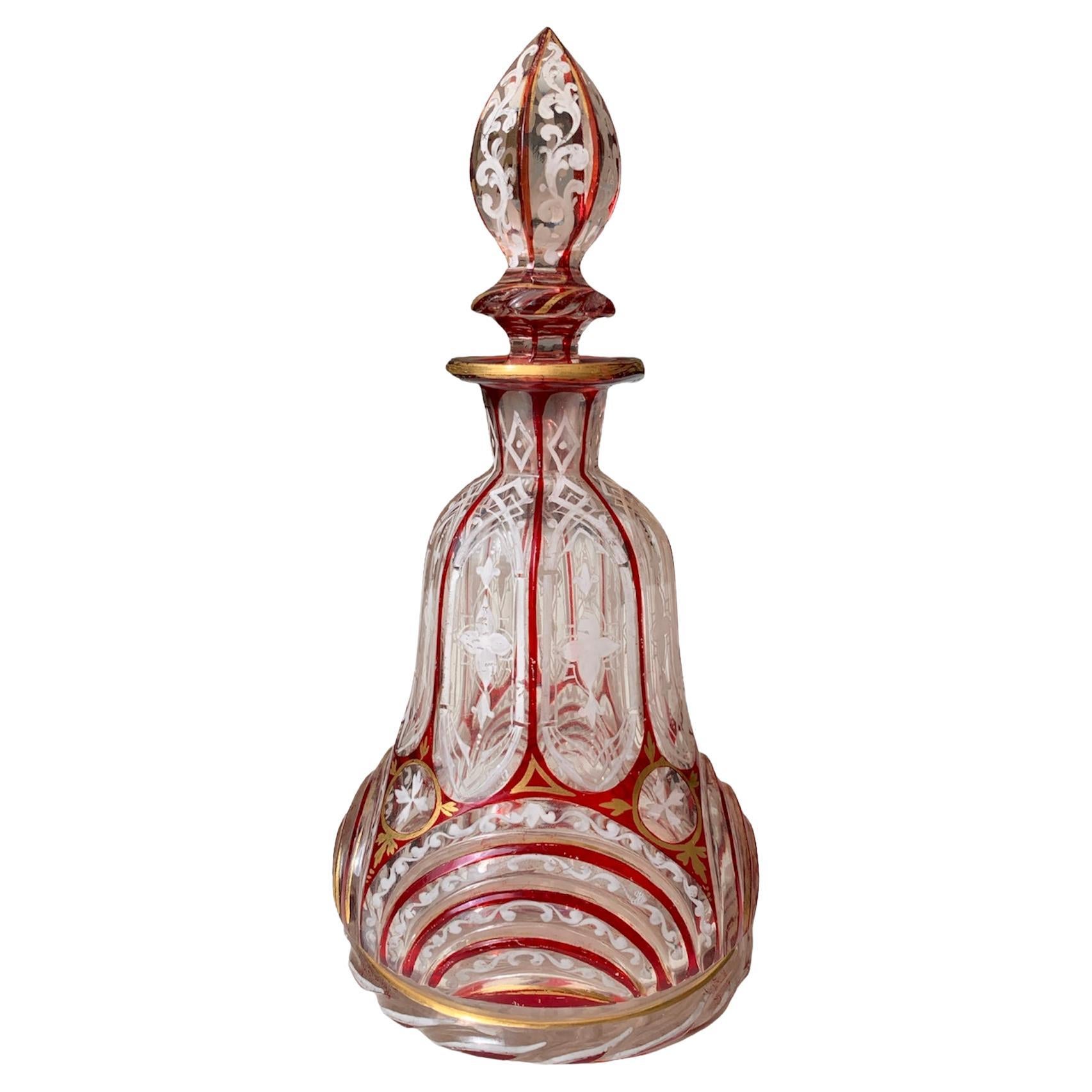 An exceptional perfume bottle (flacon) and stopper made of bohemian ruby cased cut clear-galss, impressively enamelled and cut all around, a museum quality item in stunning condition, Bohemia, 19th century.