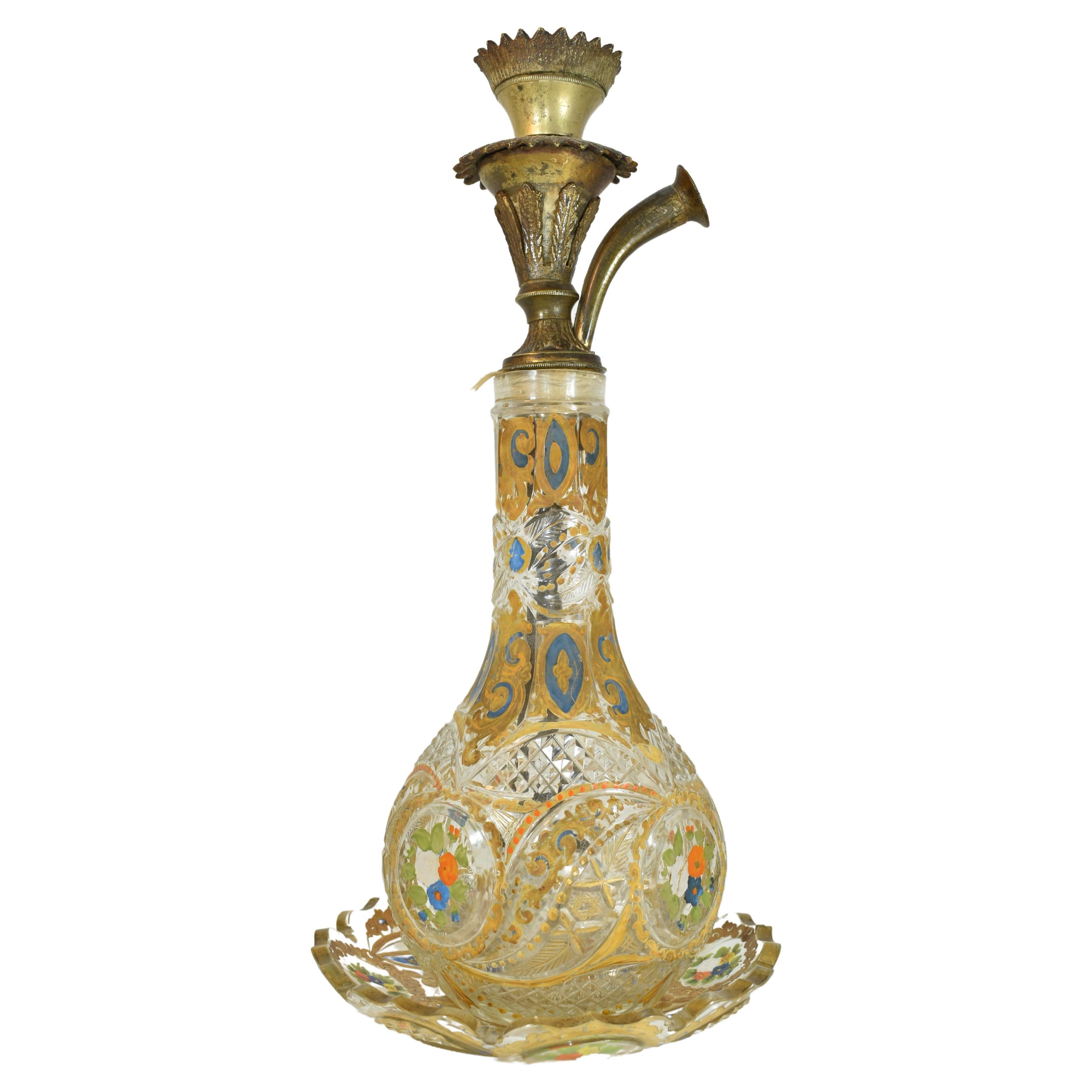 Ancienne Hookah et assiette en verre taillé émaillé, Bohème pour marché ottoman, 19ème siècle