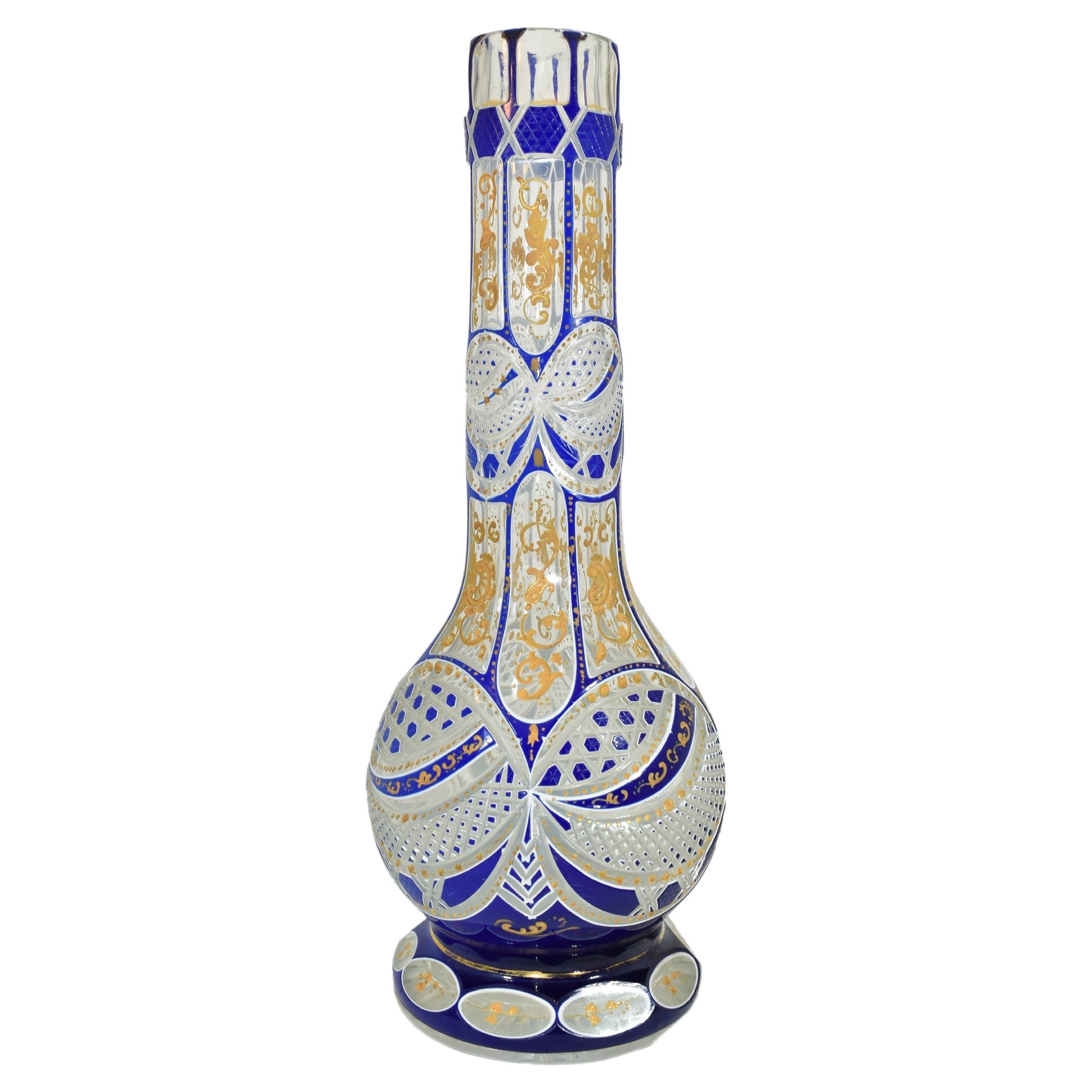 Antique Bohemian Overlay Enameled Cut Glass Hookah Base, Islamic, 19th Century
