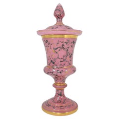 Antique Bohemian Pink Opaline Enameled Glass Goblet, Moser, 19th Century