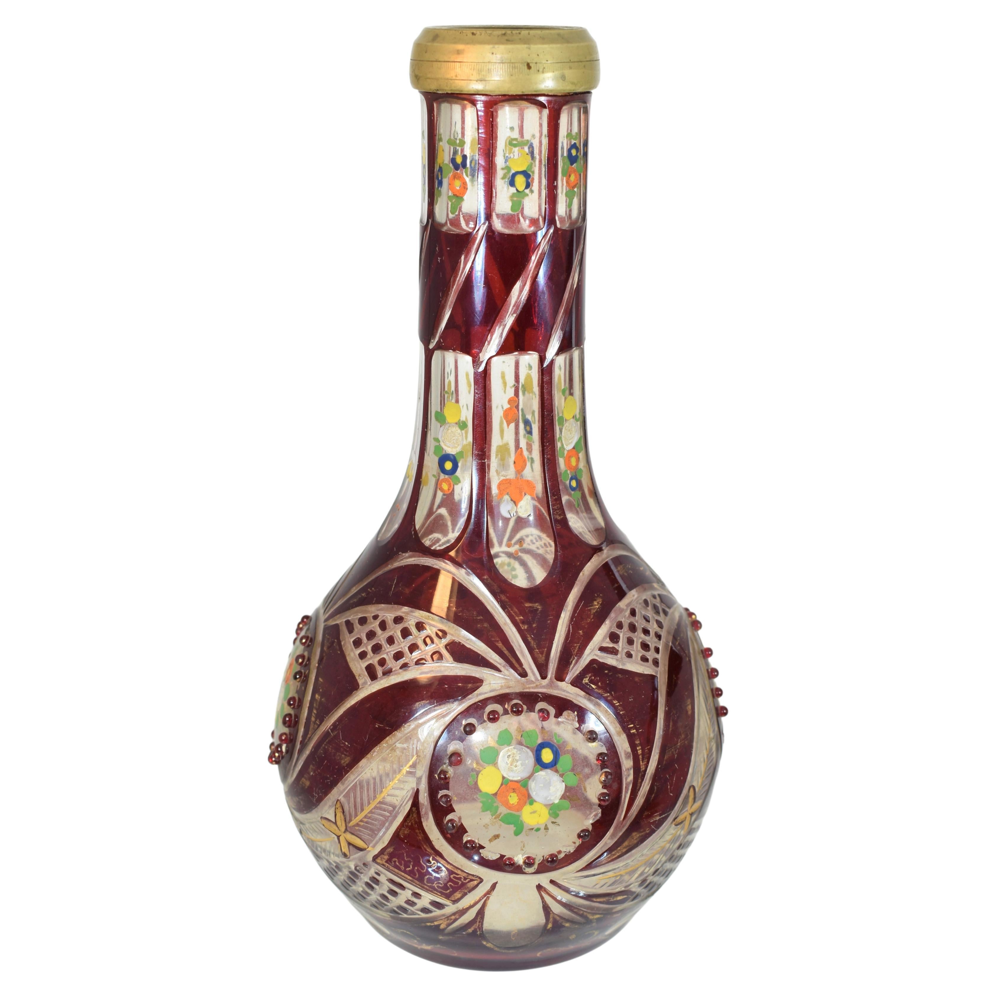 Ancienne base de Hookah de Bohème en verre émaillé rouge rubis, 19ème siècle