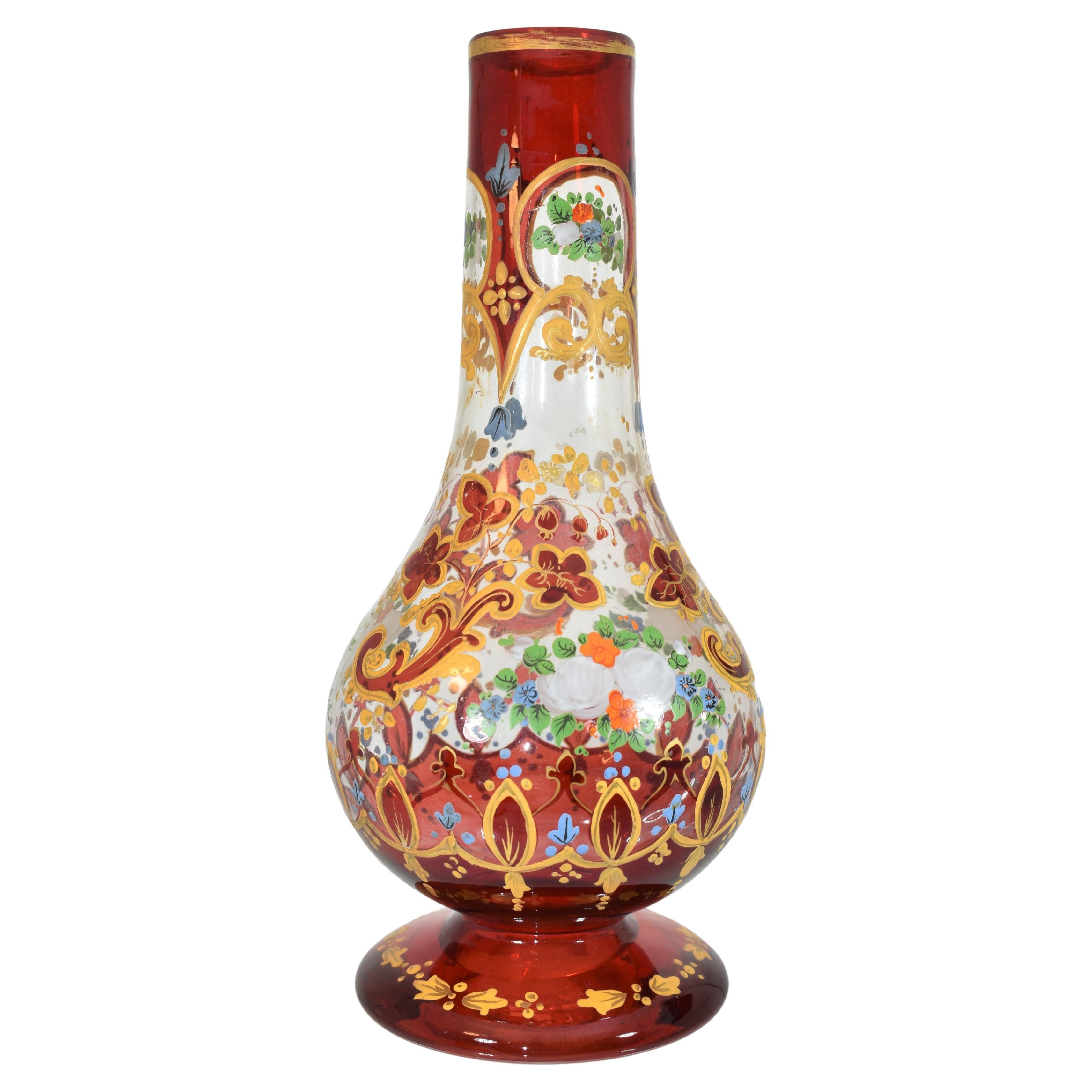 Vase bohème ancien en verre émaillé rouge rubis, base Hookah, 19ème siècle en vente