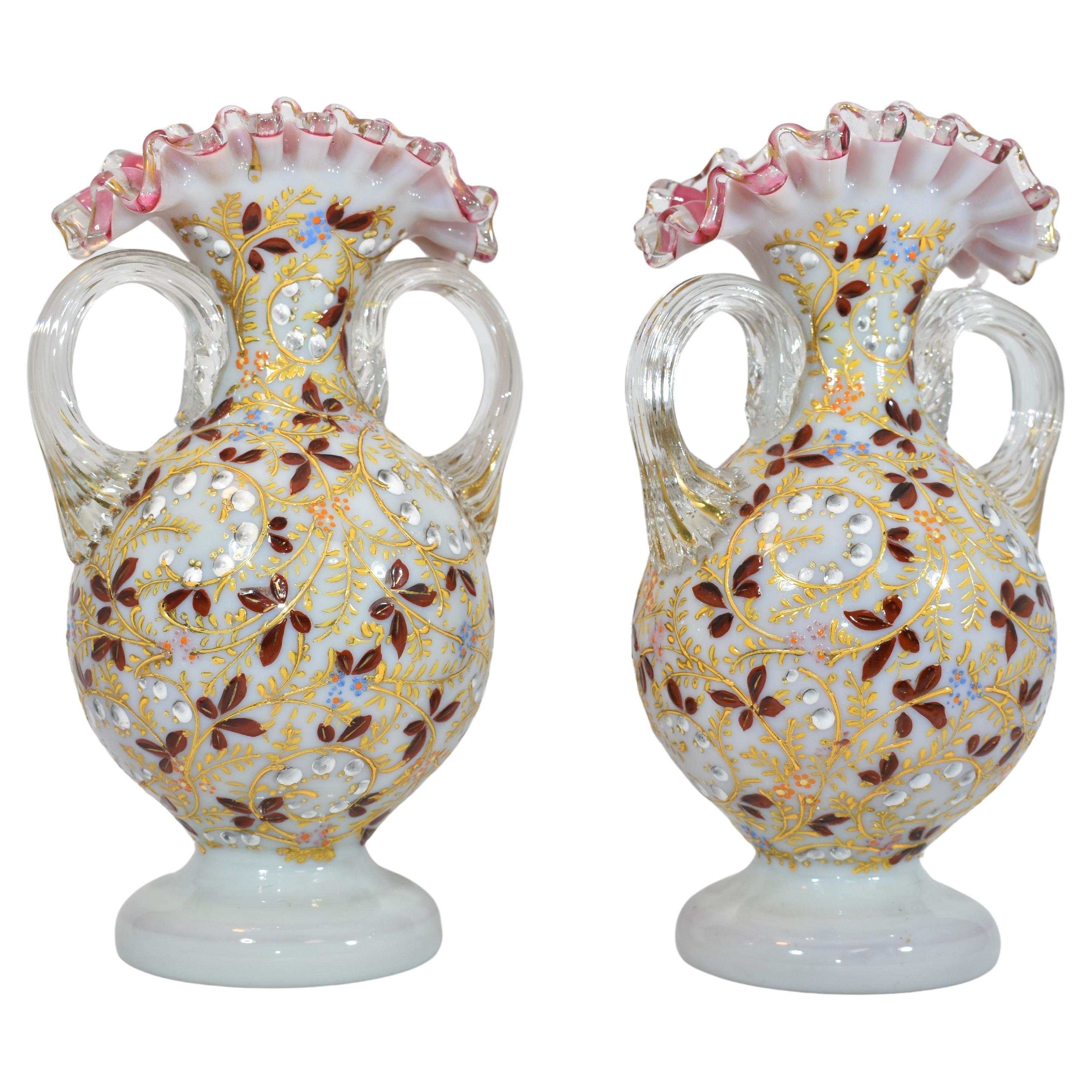 Antique Pair of Opaline Overlay Enamelled Glass Vases, Moser, 19th Century For Sale