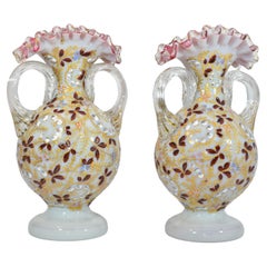 Antique Pair of Opaline Overlay Enamelled Glass Vases, Moser, 19th Century