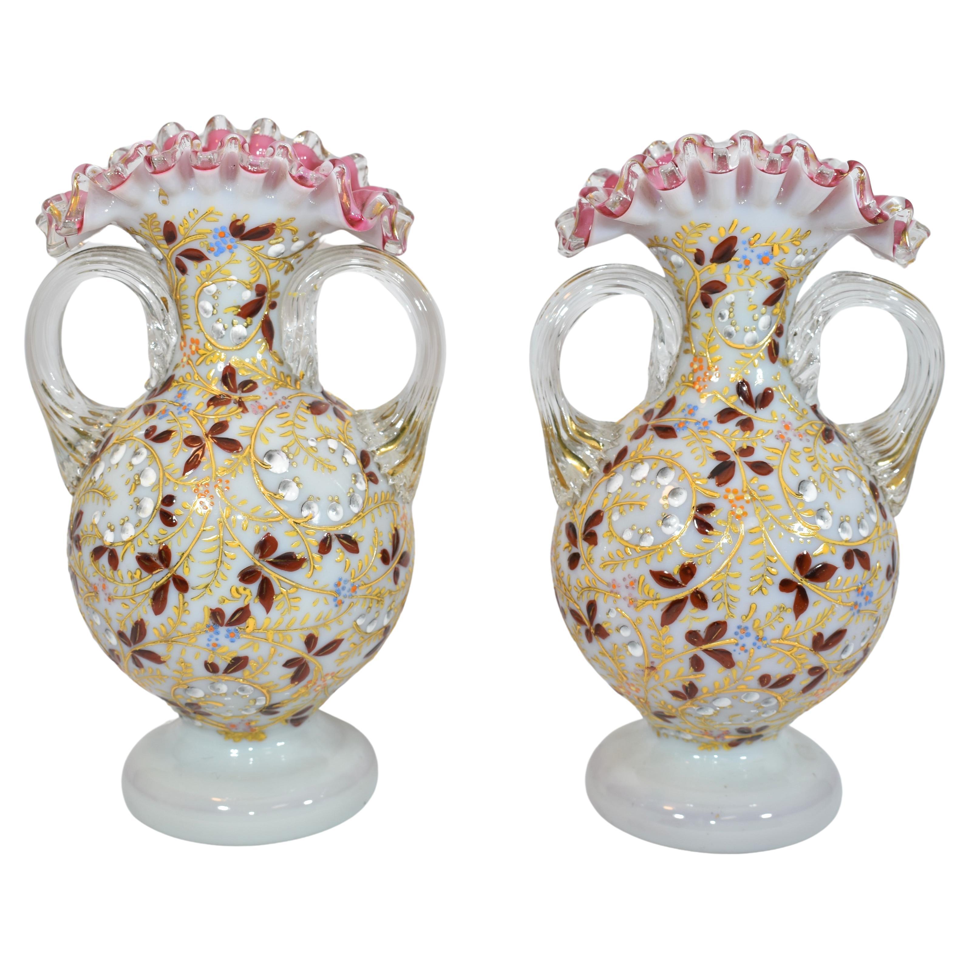 Antique Pair of Opaline Overlay Enamelled Glass Vases, Moser, 19th Century